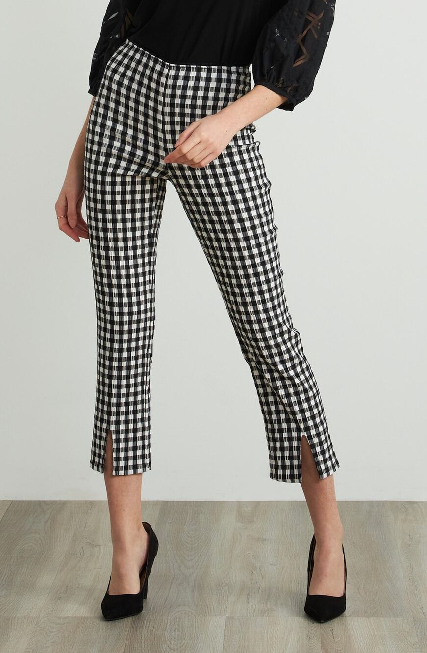 Joseph Ribkoff Womens 12 Black White Gingham High-Waist Cropped Slim-Hem Pants